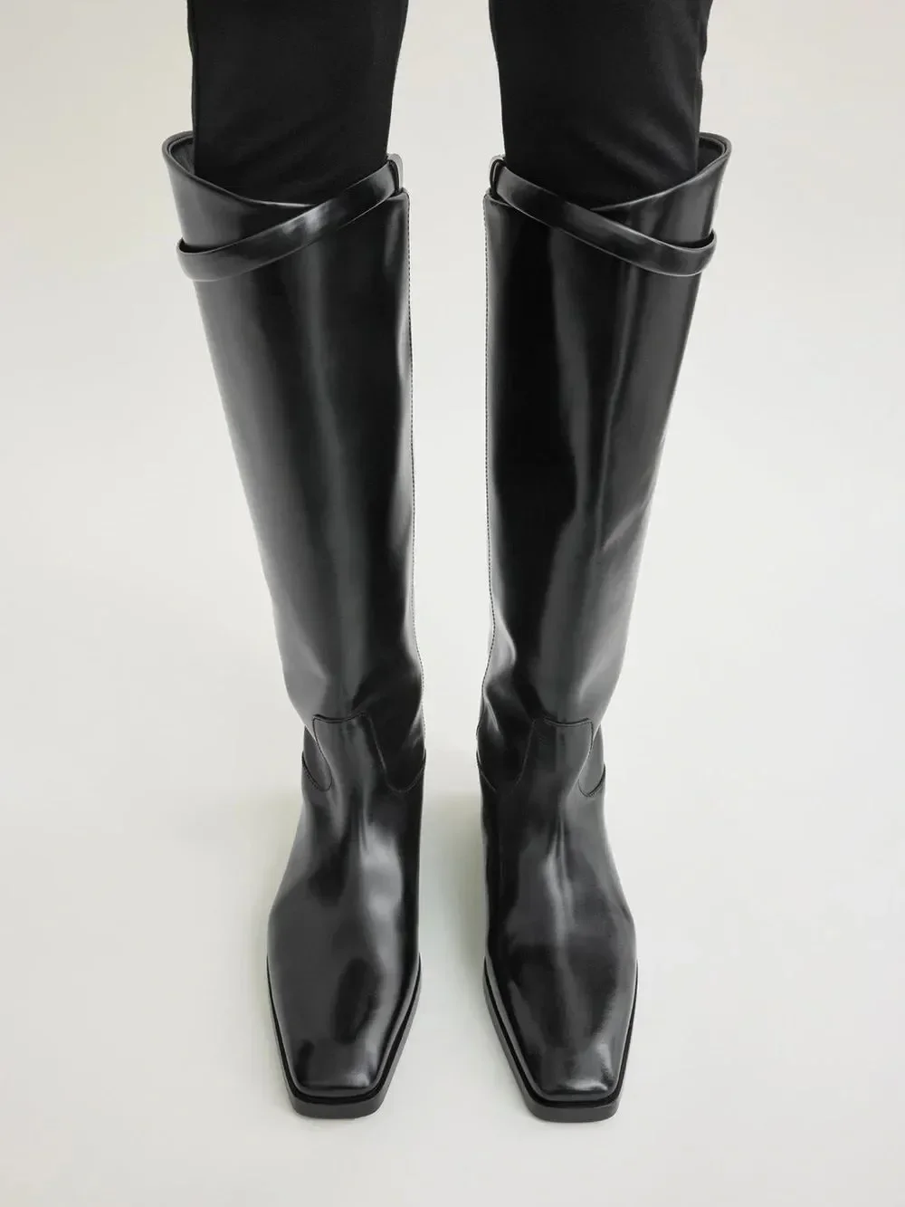 NEW Toteme Leather Riding Boot Square Toe Pull On Shiny Black 41EU